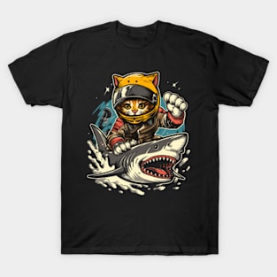 Cat Riding Shark Marine Exploration T-Shirt